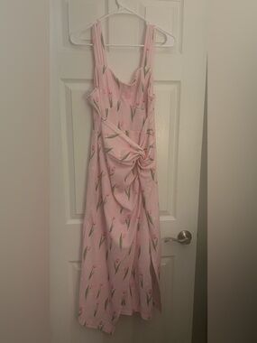 Pink Tulip-Print Sleeveless Midi Dress SHEIN